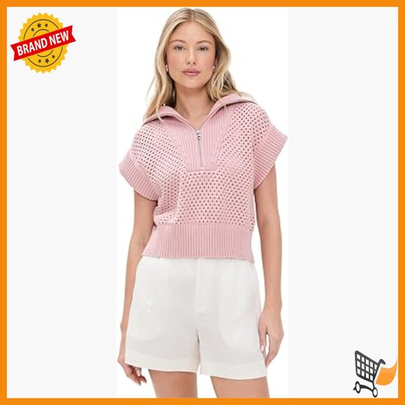 Cropped Half Zip Cotton Sweater Loose Fit Short Sleeve Pullover